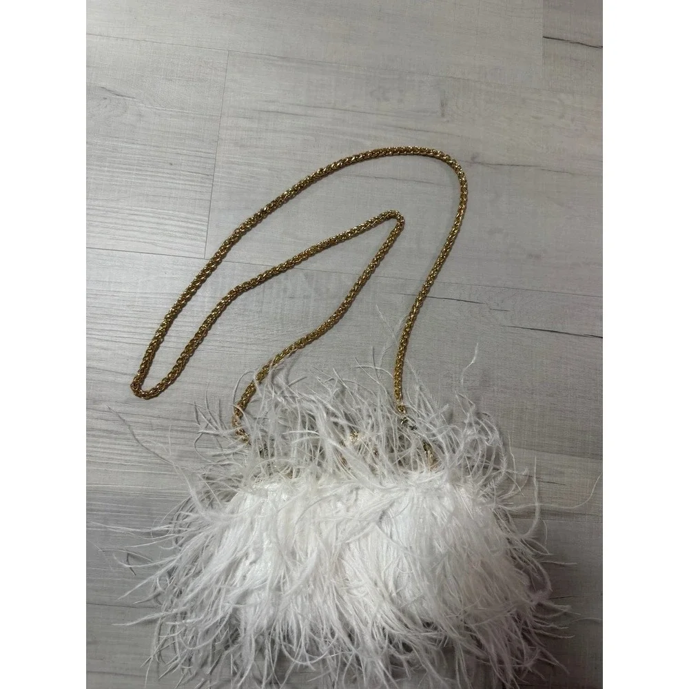 White Feather Clutch Bag Gold Rhinestone Ring Clasp Evening Bag